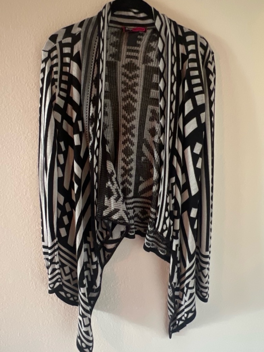 Say What? Black & White Geometric Open-Front Women's Cardigan